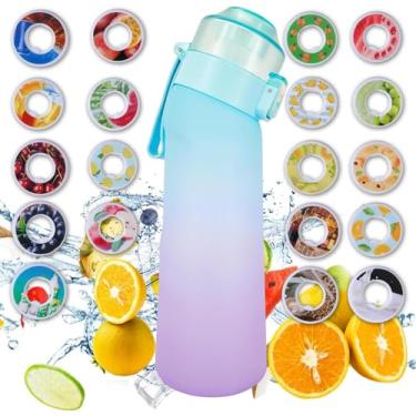 Imagem de Garrafa de água Air Scent com 12 cápsulas de sabor, copo de água perfumado com fragrância de frutas de 650 ml, sem BPA, 0% de açúcar para fitness e atividades ao ar livre (garrafa azul gradiente + 12