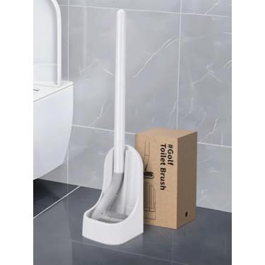 Imagem de Conjunto de escova e suporte de vaso sanitário de silicone, design de cabeça de golfe, cabeça de escova de vaso sanitário flexível com silicone, alça longa, montada na parede com base antivazamento