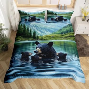Imagem de Conjunto de capa de edredom Bear Wildlife Family King Size 3D River Lake para meninas, meninos, aventura, caça, capa de edredom com cenário de montanha e floresta, 2 fronhas (sem edredom)
