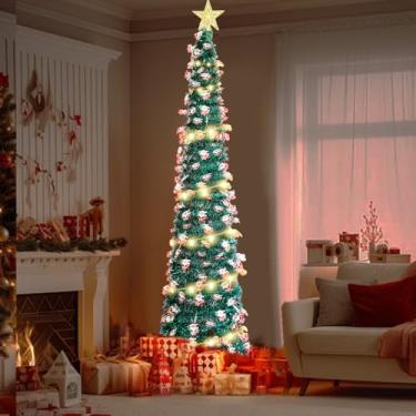 Imagem de Árvore de Natal Pop Up de 1,8 m, árvore de Natal artificial, árvore de lápis de Natal Prelit com 50 luzes, lápis dobrável para decoração interna de casa
