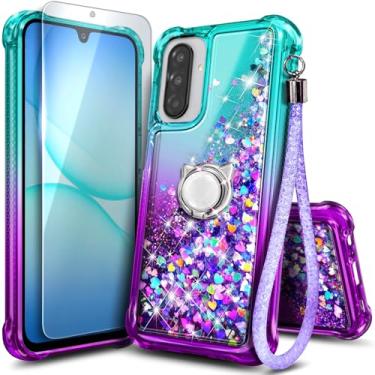 Imagem de Capa de telefone NGB projetada para Samsung Galaxy A17 5G, água/roxo | Capa fofa com glitter líquido brilhante para mulheres e crianças | com protetor de tela, suporte de anel e cordão de pulso