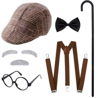 Imagem de cnomg Fantasia de velho de avô, chapéu de velho, gravata borboleta, bigode, óculos, suspensórios, bengala para cosplay de vovô dos anos 20