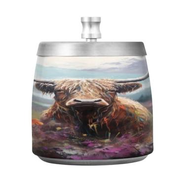 Imagem de SEHANY Cinzeiro bonito de vaca Highland com tampa para cigarro, à prova de vento, sem fumaça, aço inoxidável, cinzeiro para ambientes internos e externos, grande, inodoro, para fumantes, decoração de