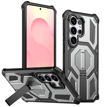 Imagem de POYUFRG Capa magnética para Samsung Galaxy S26 Ultra/S26 Plus/S26, capa fina fosca à prova de choque com suporte dobrável, capa de carregamento sem fio, cinza, S25 Ultra