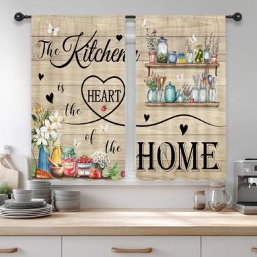 Imagem de Riyidecor Farmhouse Cortinas de cozinha curtas vintage retrô rústica tábua de madeira floral frutas borboleta campo bolso para varão citações quarto sala de estar tratamento tecido 2 painéis 66Lx91 cm