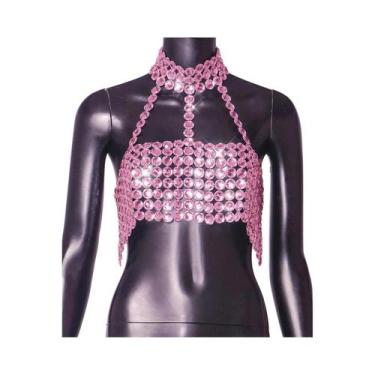 Imagem de Top Cropped De Lantejoulas Com Brilho Prateado E Decote Halter Para Mu