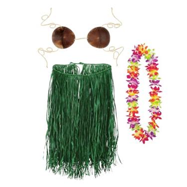 Imagem de Beistle Conjunto de fantasia havaiana de luau – saia extra grande de ráfia de hula verde, top de biquíni de coco ajustável e floral multicolorido para festivais de verão, celebrações na praia e festas