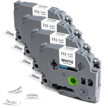Imagem de Fita TZe TZ 12 mm 0,47 laminada branca de substituição para Brother P Touch TZe-231 TZe231 Tz231 Fita de etiquetagem 1/5.1 cm preto sobre branco refis para impressora PT-D210 D220 H110 D200 D400 1280