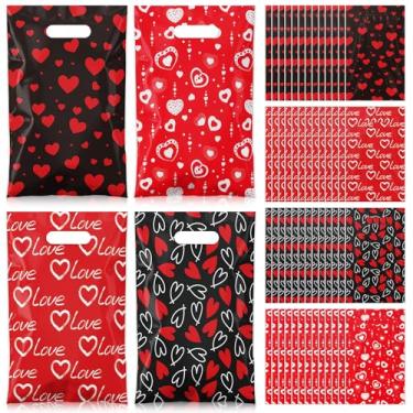 Imagem de Colarr 48 peças de sacolas de presente de dia dos namorados com alça de plástico vermelho para doces e doces com padrões de amor de coração para embrulho de presente de festa de fim de ano
