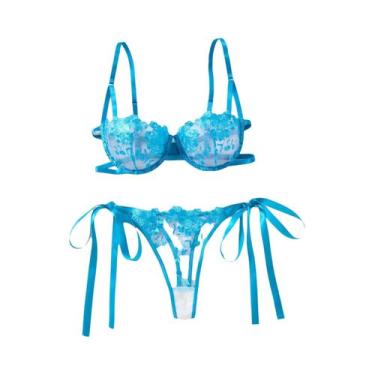 Imagem de Conjunto De Lingerie Feminina Bordada Floral Sutiã Transparente E Calc