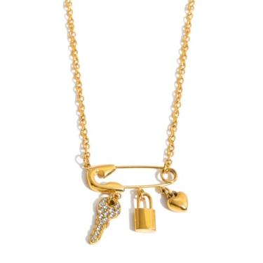 Imagem de UniLogue Colar de aço inoxidável banhado a ouro 18 K, pingente de cadeado com cruz de coração, nicho, comum, luxo, minimalista, colar curto para mulheres, Medium, Aço inoxidável, Zircão