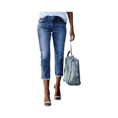 Imagem de Calças Jeans Femininas Slim Fit Rasgadas, Estilo Casual, Denim Estiráv
