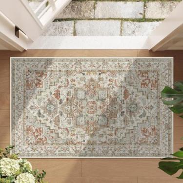 Imagem de Enkor Tapetes macios de área, lavável, antiderrapante, boêmio, pequeno, para sala de estar, quarto, estilo vintage, tapete de casa de fazenda para cozinha, bege e laranja