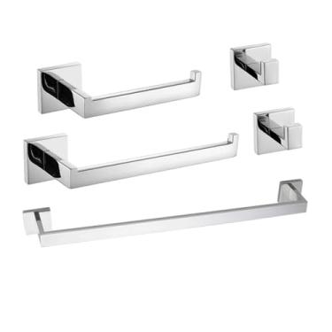 Imagem de Acessórios de conjunto de ferragens de banheiro prateleira preta de aço inoxidável cabide de roupão longo toalheiro rack de barra suporte de papel de seda, 5 peças cromadas