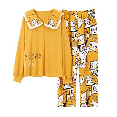 Imagem de Pijama feminino de desenho animado plus size XXL conjunto de pijama estilo princesa pijama boneca coleira (amarelo 1X)
