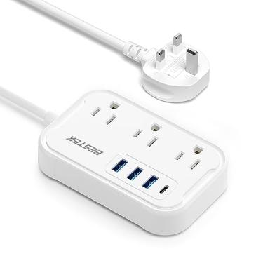 Imagem de BESTEK Adaptador de tomada de viagem do Reino Unido: Adaptador de plugue dos EUA para o Reino Unido - Adaptador e conversor tipo G régua de alimentação com 3 tomadas CA e 4 USB (1 PD20W) - para EUA