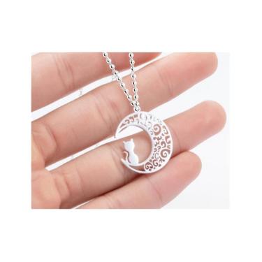 Imagem de Colar Corrente Bolinhas Pingente Meia Lua Gato Inox