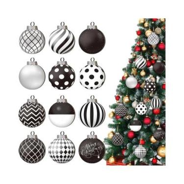 Imagem de Bolas De Natal Pretas E Brancas 12 Peças, Enfeites Planos 2D Para Árvo