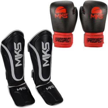 Imagem de Luva Boxe Muay Thai Prospect Preta/Vermelha + Caneleira Muay Thai Pros