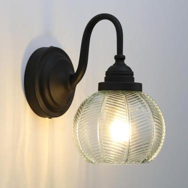 Imagem de PERMO Arandela de parede vintage com sombra de vidro nervurado transparente retrô fosco preto arandela bronze luz de parede para banheiro loft cozinha sala de estar quarto corredor porta