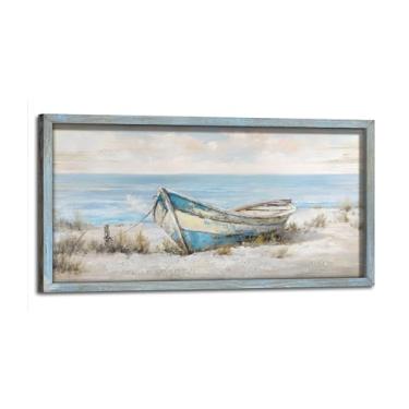 Imagem de Arte de parede emoldurada de praia banheiro: decoração de imagem de madeira do oceano costeiro pintura de impressão náutica abstrata arte de paisagem marítima para quarto sala de estar lavanderia 61 x