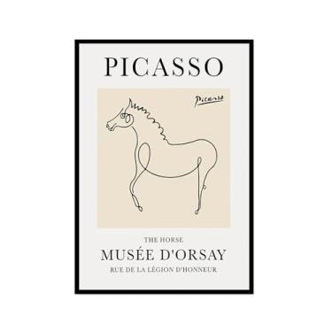 Imagem de Pintura em tela vintage Picasso desenho de linha de cachorro gato pássaro cavalo desenho abstrato animal impressão minimalista arte de parede pôster para sala de estar decoração de casa (SKU8,12 x