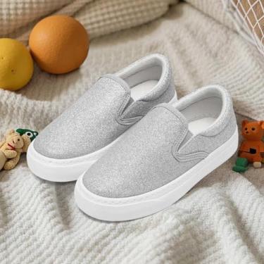 Imagem de Tênis infantil para meninas e meninos, cano baixo, sem cadarço, moderno, lona, casual, confortável, sem cadarço, cor glitter, caminhada, corrida, salto plano, prateado, Prateado, 13 Little Kid