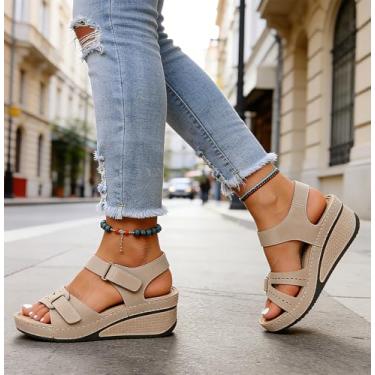 Imagem de Sandálias femininas de salto baixo plataforma elegantes de verão com tira no tornozelo, bico aberto, plataforma, confortável, Bege, 36