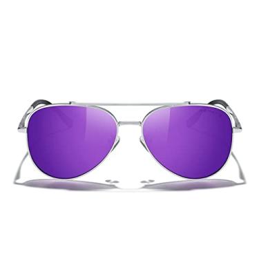 Imagem de MERRY'S Óculos de sol aviador espelhados clássicos para homens e mulheres, lentes polarizadas para dirigir e pescar, Armação prateada/lente espelhada roxa, Lens width: 60 millimeters