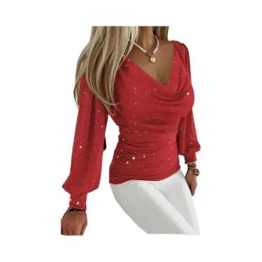 Imagem de Blusa Vermelha Com Lantejoulas, Mangas Longas, Cintura Franzida, Malha