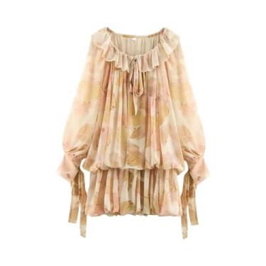 Imagem de Vestido Mini Vintage Com Estampa Floral, Manga Longa, Decote Em V E Ba