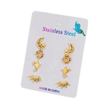 Imagem de Conjunto De Brincos De Aço Inoxidável Femininos Com Estrelas, Lua E So