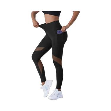 Imagem de Calças De Yoga Femininas De Cintura Alta Com Detalhes Em Tela, Legging