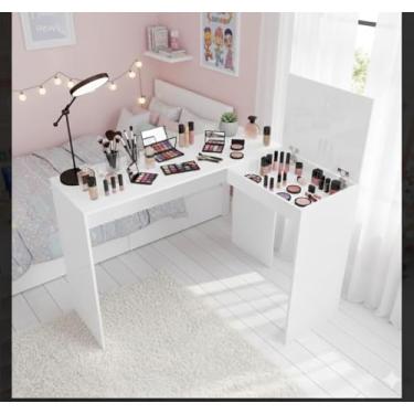 Imagem de Penteadeira Escrivaninha Maquiagem em L Mesa Escrivaninha com Bau Joias Make Belgica (BELGICA BRANCO)