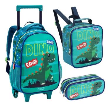 Imagem de Kit Mochila Rodinhas Dinossauro Lancheira Estojo Verde Escolar Infantil Seanite-Masculino
