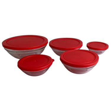 Imagem de Conjunto 5 Potes Redondo de Vidro Com Tampa - Vermelha