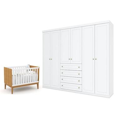 Imagem de Berço Americano Unique Freijó Branco Soft  Eco Wood - Matic e Guarda Roupa Casal Americano 6 Portas Branco HP - Henn