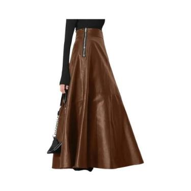 Imagem de Saia Maxi Feminina De Couro PU Com Cintura Alta, Elegante, Casual, Com