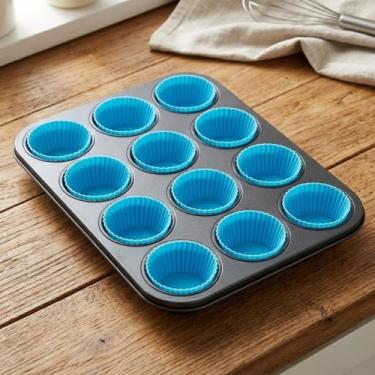 Imagem de Forma Cupcake Antiaderente 12 Forminhas Silicone Kit Assadeira Teflon 