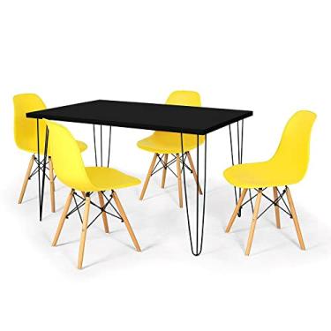 Imagem de Conjunto Mesa de Jantar Hairpin 130x80 Preta com 4 Cadeiras Eames Eiffel - Amarelo