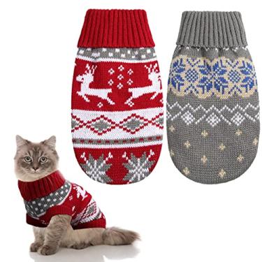Imagem de 2 peças suéter de natal gato cachorro suéter de natal gato roupa de natal suéter de férias para cães pequenos malha de inverno roupas de natal para animais de estimação suéter de rena quente floco de neve para gatinho filhote gato (P)