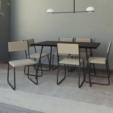 Imagem de Conjunto de Mesa de Jantar com 6 Cadeiras Angra Suede Bege e Preto 150 cm