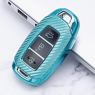 Imagem de YJADHU Capa de chave de carro de fibra de carbono TPU, apto para Hyundai i30 Ix35 Kona Encino Solaris Azera Grandeur Ig Accent TM Palisade Santa Fe,E, verde