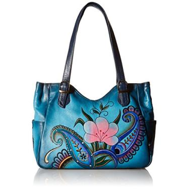 Imagem de Anna by Anuschka Bolsa de ombro feminina de couro genuíno - Exterior de arte original pintada à mão, Jeans Paisley Floral, One Size