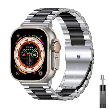 Imagem de SDUTIO para Apple Watch Ultra 49mm Pulseira de Negócios de Aço Inoxidável para iWatch Series 8 7 41mm 45mm para Apple Watch SE 6 5 4 3 40mm 44mm 42mm 38mm (Cor: Prata Preto, Tamanho: Ultra 49mm)