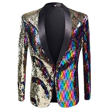 Imagem de Blazer de lantejoulas masculino festa mágica terno de baile jaqueta um botão lapela casaco roupas para casamento negócios slim fit manga comprida, cor, PP (busto: 99 cm)