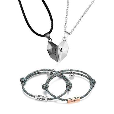 Imagem de Conjunto de 4 peças de pulseiras de casal, conjunto de pulseiras magnéticas, colar de coração combinando, pulseira de corda de amizade, presente para mulheres, homens, namorado, namorado,