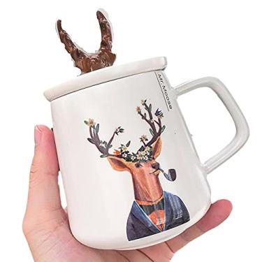 Imagem de seelucky Caneca de cervo com tampa de colher estilo nórdico copo de café de cerâmica copo de leite presente escritório casa (querido homem, 450 ml)