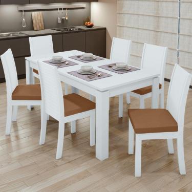 Imagem de Conjunto Mesa 180x90cm Tampo MDP 6 Cadeiras Athenas Móveis Lopas Branco/Sintético Caramelo