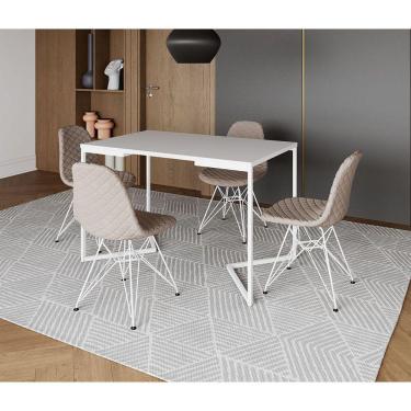 Imagem de Mesa Jantar Industrial Retangular Base V 120x75cm Branca com 4 Cadeiras Estofada Nude Claro Aço Bran